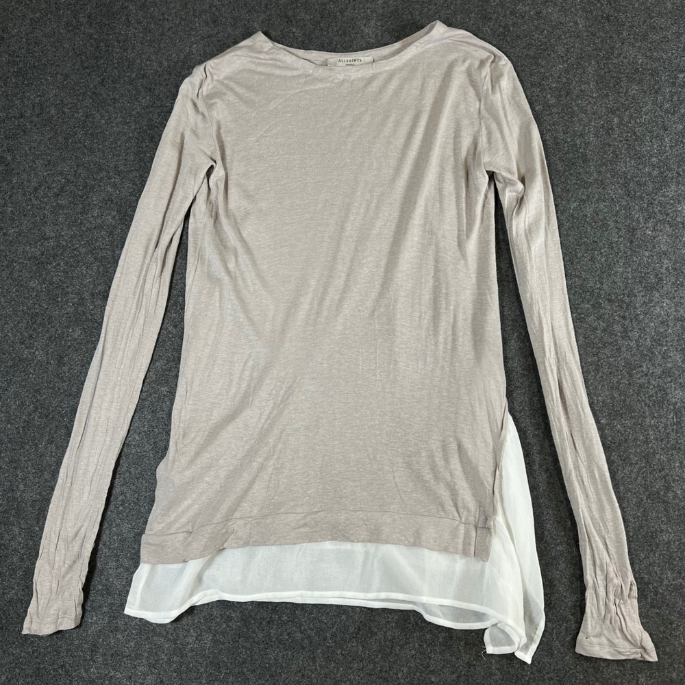 AllSaints Miro LS Tee Taupe Linen Blend Layered Hem Long Sleeve Top Small